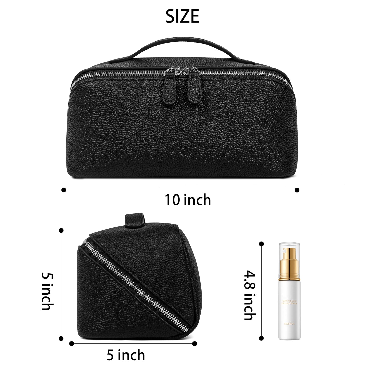 DORIS&JACKY Premium Leather Cosmetic Bag, Large Capacity Travel Makeup Case and Multi PocketsToiletry Storage Organizer with Divider and Tote Handle (1-Black)