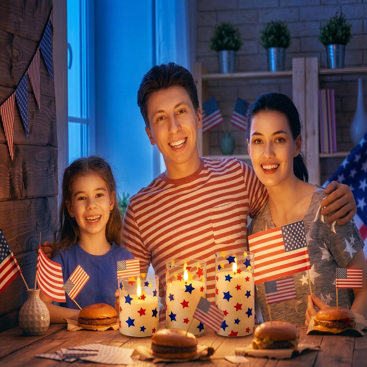 Blosssound 3 Pack 4th of July Flameless Candles Battery Operated Independence Day Stars in Blue Red Flameless Flickering Candles LED for Gifts Home 250th Patriotic Holiday 4th of July Table Decoration