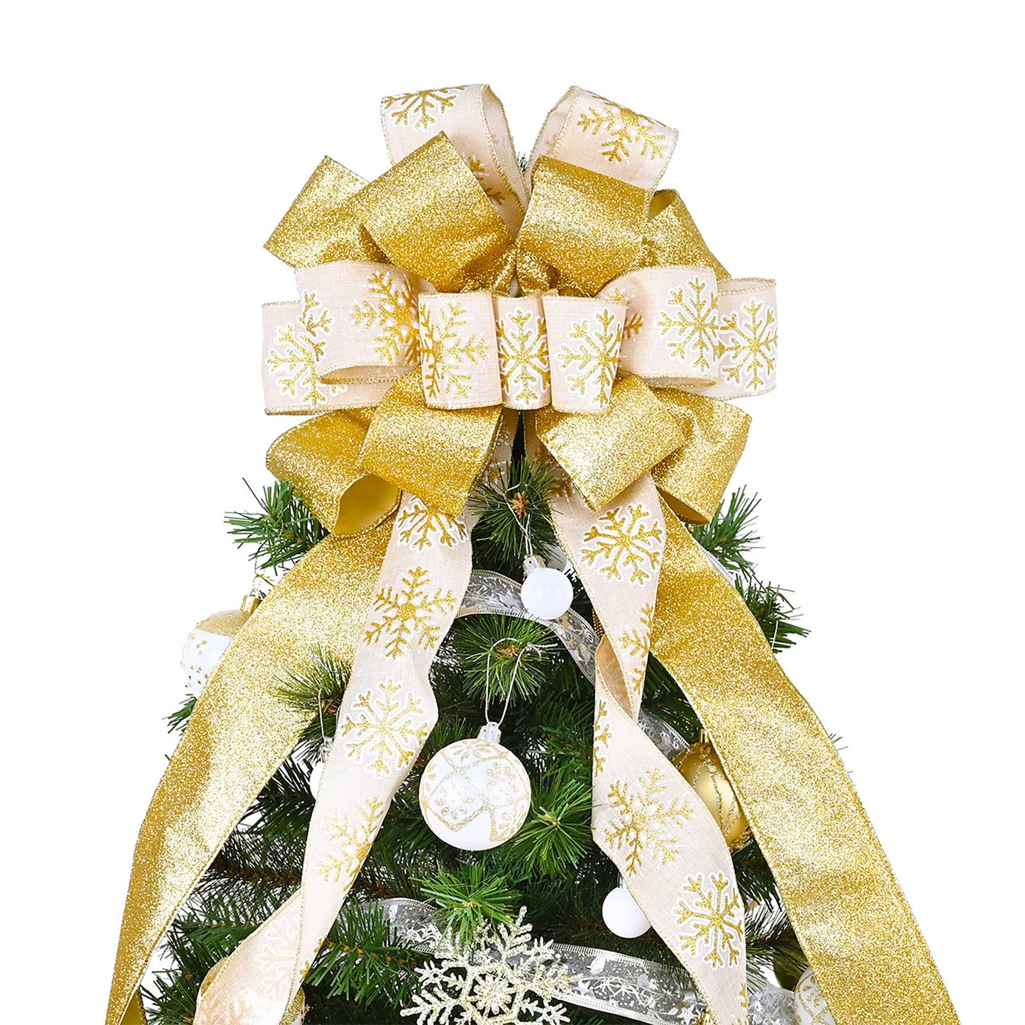 Christmas Tree Topper, 40x13 Inches Toppers Bow with Glitter Satin Mesh Streamer and Patterned Ribbon, Christmas Tree Topper Bow for Christmas Home Decoration (Gold)