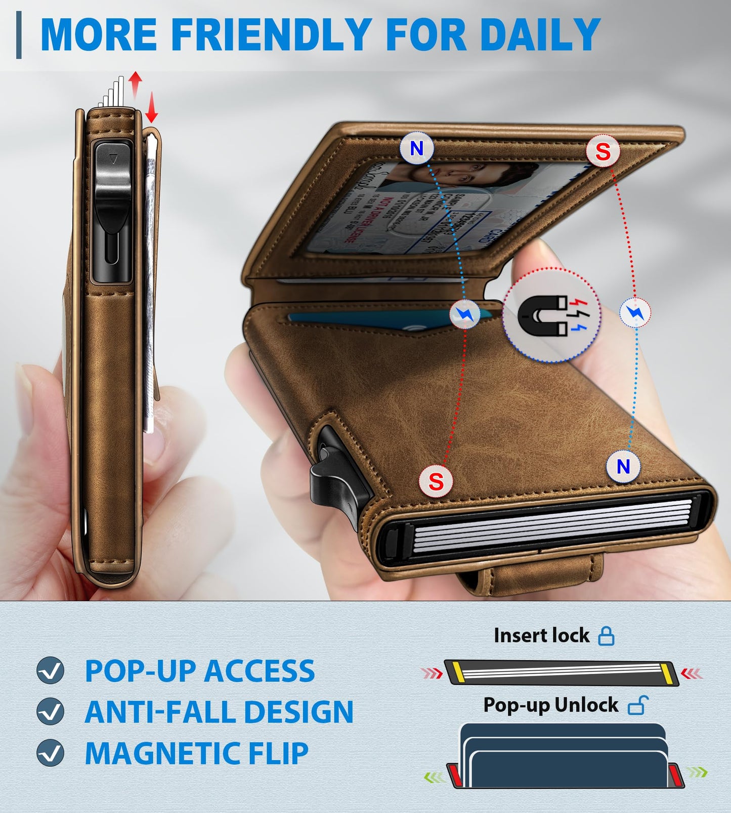 miyozi Airtag Wallet for Men Money Clip 9-Card Pop-Up Credit Card Holder with ID Window RFID Blocking Metal Case Magnetic Closure Front Pocket Wallet Gift Box