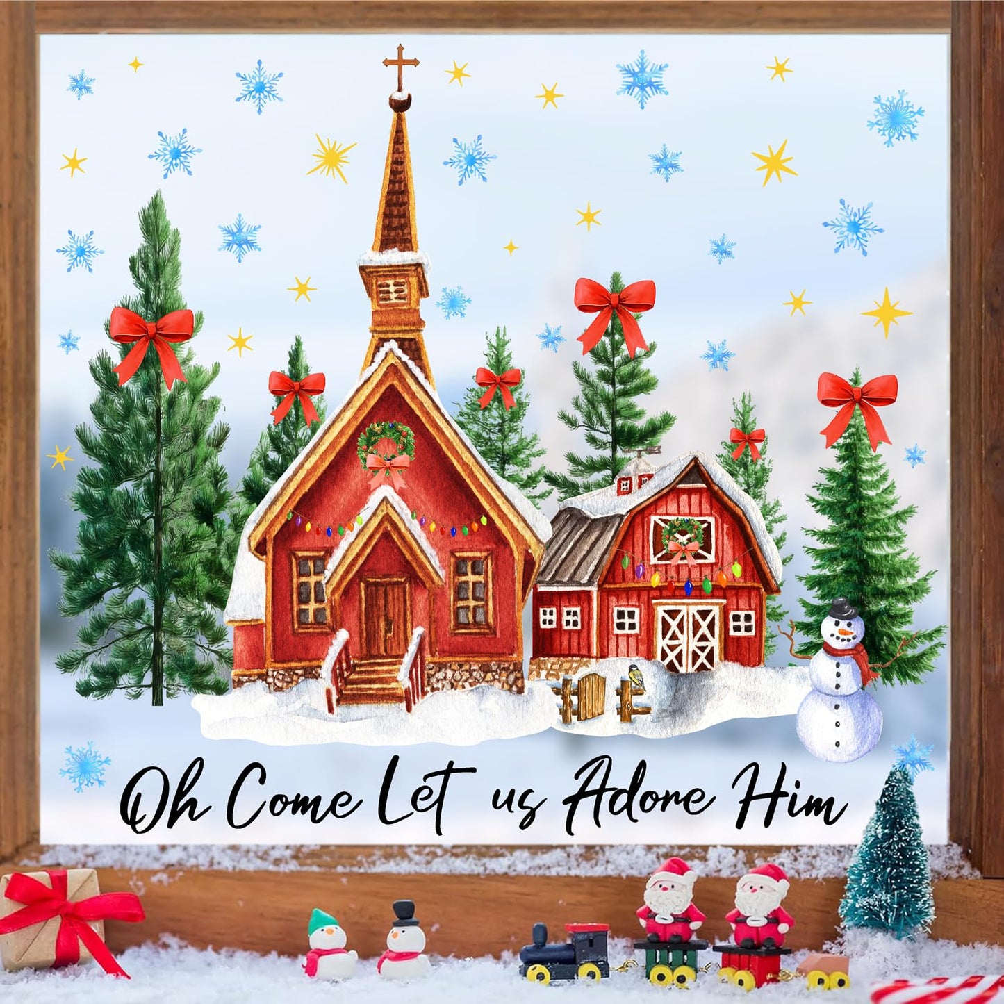 Large Christmas House Wall Stickers Christmas Pine Tree Window Wall Decals Winter Snowflake Snowman Tree House Window Stickers Holiday Windows Decals Removable Xmas Party Decorations