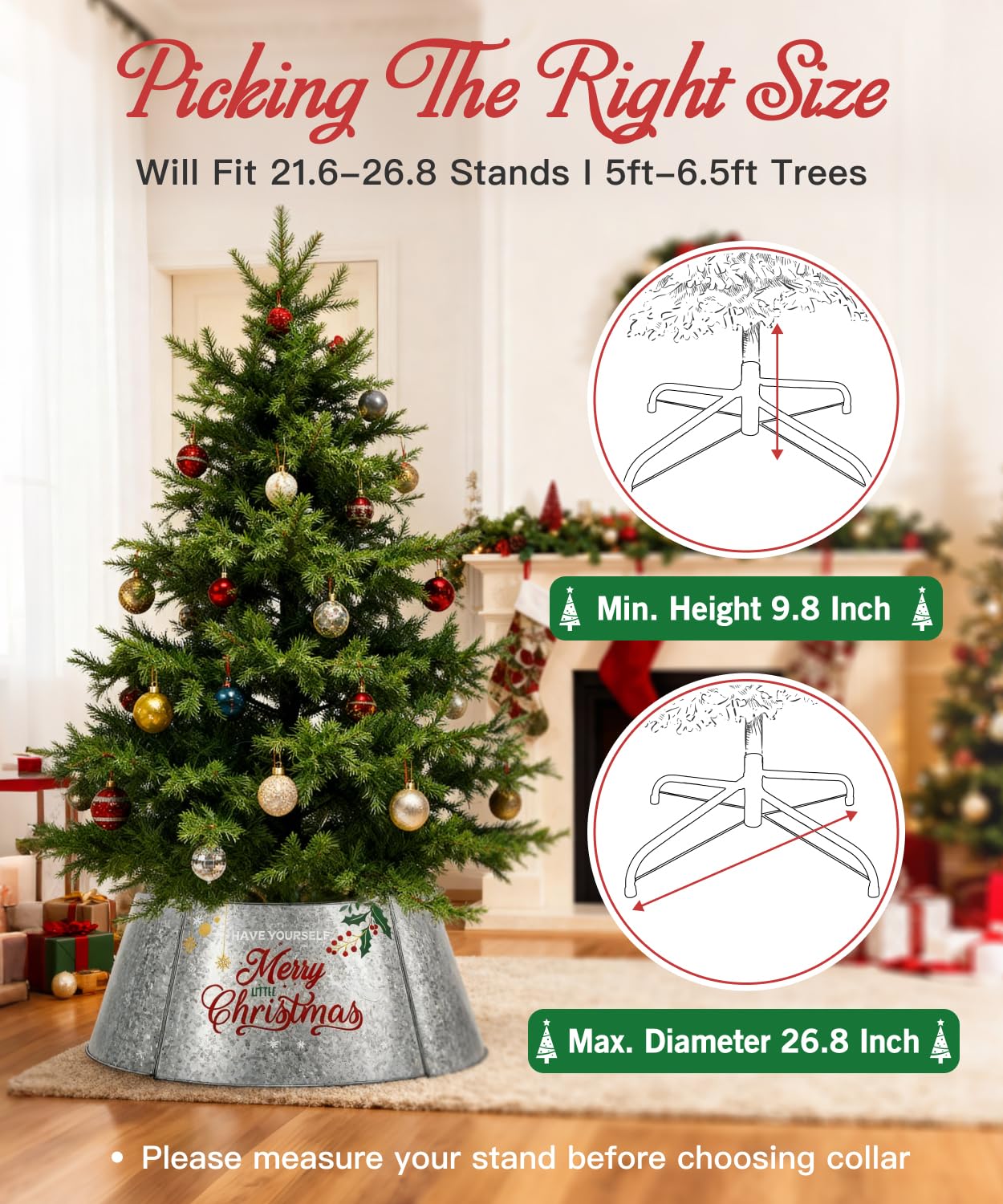 Putuo Decor Galvanized Christmas Tree Collar for 6-7.5 Ft Trees Metal Adjustable Stand Cover with Printed Merry Christmas Farmhouse Decor for Artificial Trees, 27 in Silver
