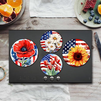 Tucocoo Flowers Electric Stove Burner Covers，4 Pcs American Flag Flowers Round Stove Burner Covers，8 Inches and 10 Inches，Gas Stove Burner Cover,Metal Cooktop Decorative，Home Decor,Kitchen Decor