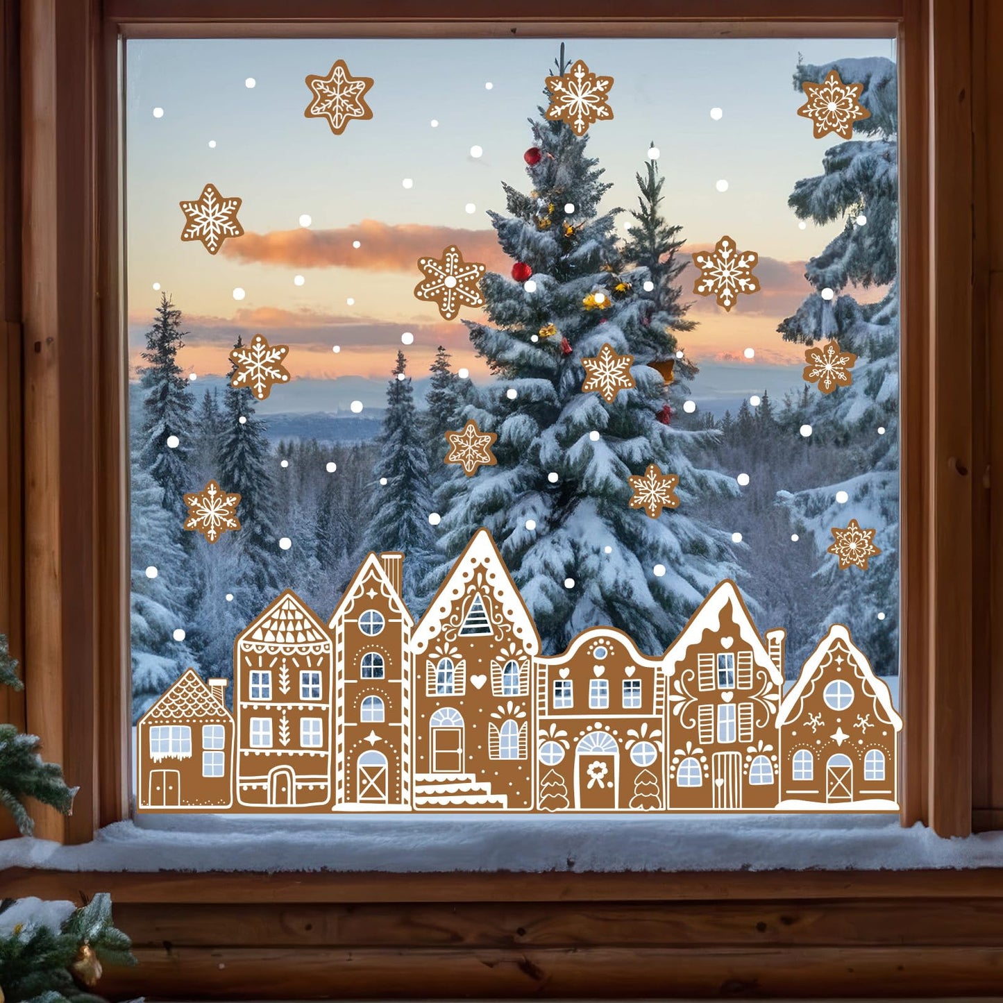Whaline Christmas Gingerbread Window Cling Stickers Window Decals Brown Gingerbread House Snowflake Reusable Decoration for Xmas Winter Holiday Party Home Classroom, 2 Sheets