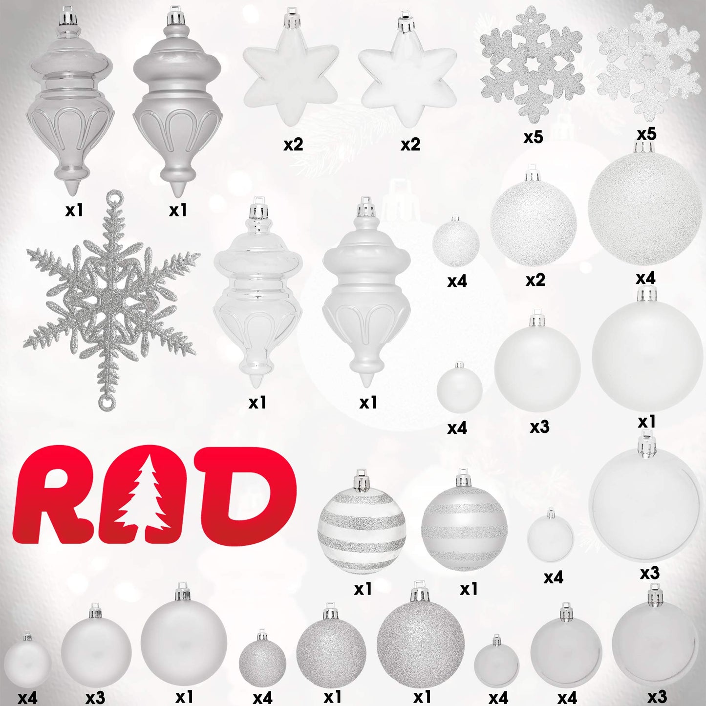 RN'D Christmas Snowflake Ball Ornaments - Christmas Hanging Snowflake and Ball Ornament Bulk Assortment Set with Hooks - 76 Xmas Ornaments and Hooks (White & Silver)