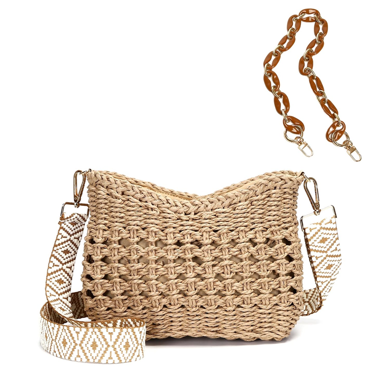 Herald Small Summer Crossbody Bags for Women, Beach Handmade Straw Woven Pocketbooks Handbag Shoulder Purse (Hollow Out Coffee)