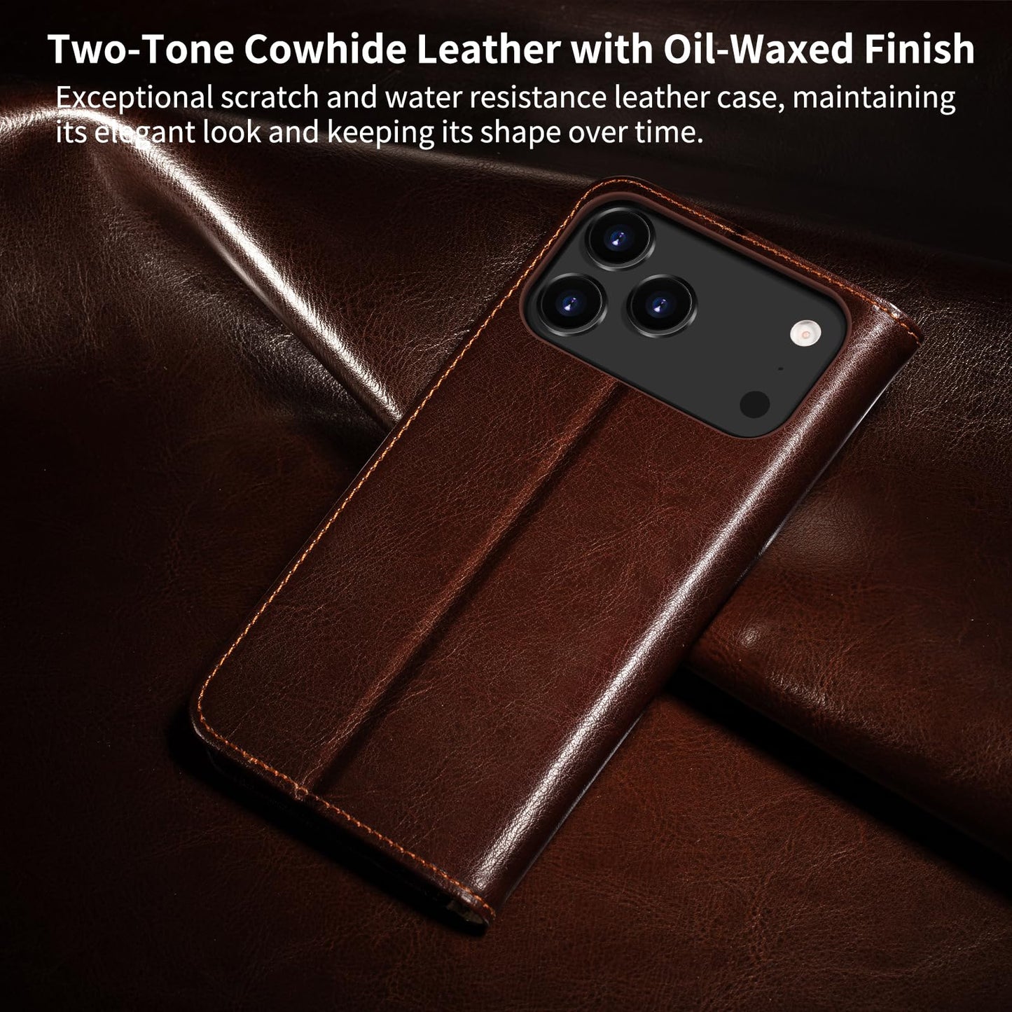 Belemay Leather Wallet Case Compatible with iPhone 17 Pro Max, Premium Cowhide Leather Two-Tone Effect, RFID Blocking Card Holders, Shockproof TPU Shell, Kickstand, Protective Flip Cover, 6.9", Brown