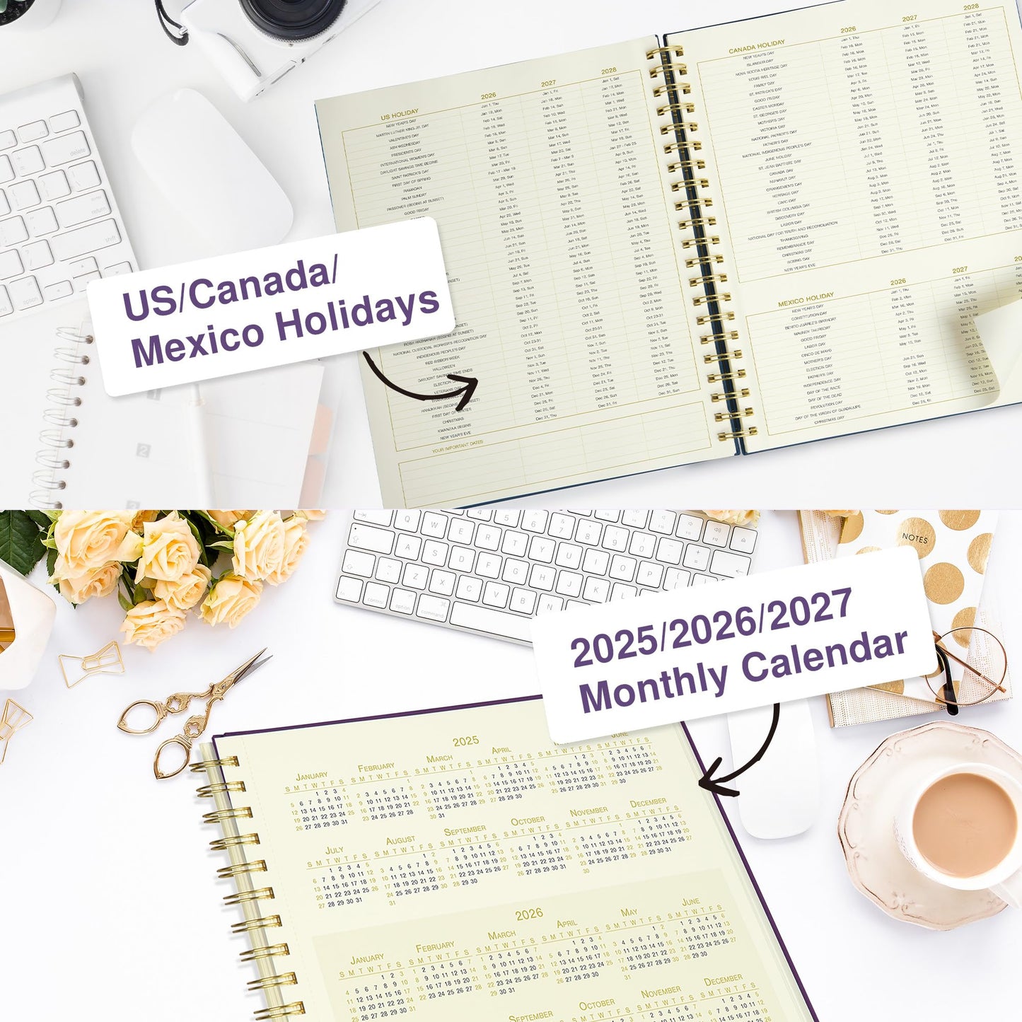AuroPlanner Undated Daily Planner To Do List Hourly Schedule 2027 2026 2025 Calendar & Holiday Habit Tracker 180 Pages Letter Size 8.5" x 11" Sheets Hardcover Spiral Bound Notebook (Purple Indigo)