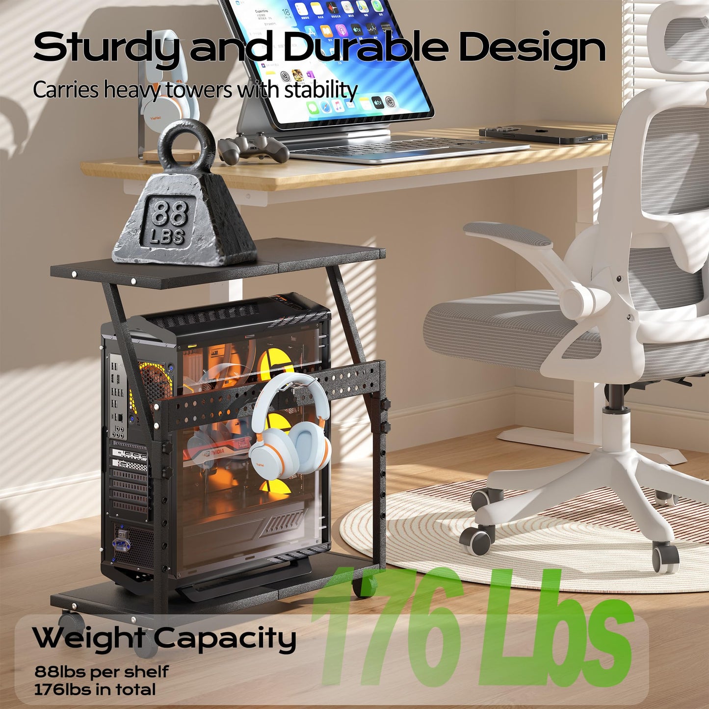 Tyfnry 24In Large PC Stand, 5 Levels Height Adjustable Computer Tower Stand with Wheels and Hooks, CPU Holder Cart for Floor, Carpet and Under Desk, Easy Assembly（NOT Including Power Strips）