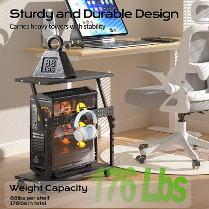 Tyfnry 24In Large PC Stand, 5 Levels Height Adjustable Computer Tower Stand with Wheels and Hooks, CPU Holder Cart for Floor, Carpet and Under Desk, Easy Assembly（NOT Including Power Strips）