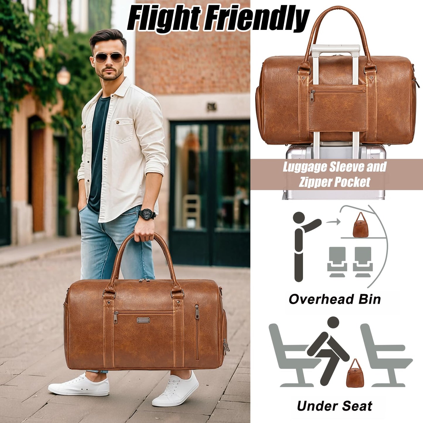 Large Travel Duffel Bag for Women Men, Faux Leather Weekender Overnight Bag with Shoe Compartment, Waterproof Carry On Bag with Toiletry Bag, Travel Tote Bag Gym Bag (Brown)