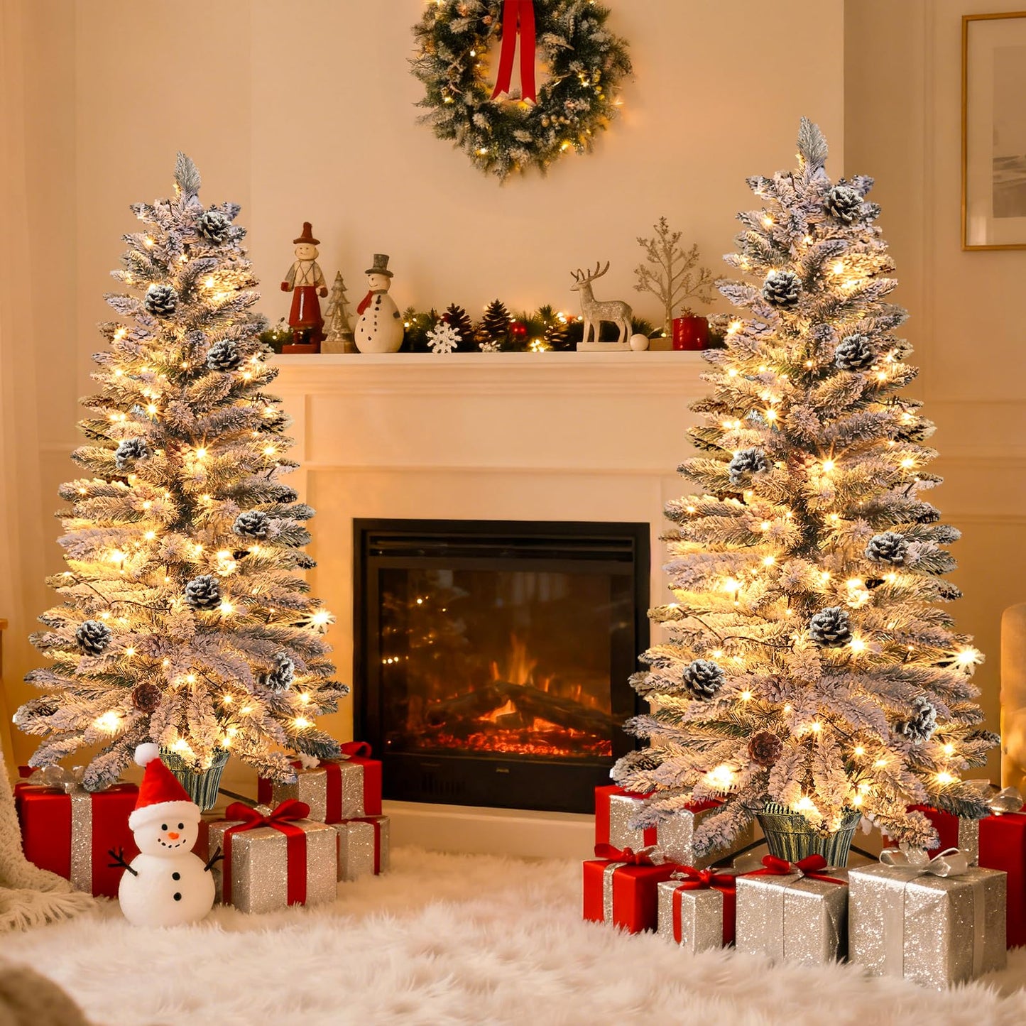 2 Pack 4 Ft Snow Flocked Christmas Entrance Tree in Pot Base with Timer 8 Mode 60 Warm White and Colorful Change Lights 12 Pine Cone Battery Operated for Porch Front Door Entryway Home