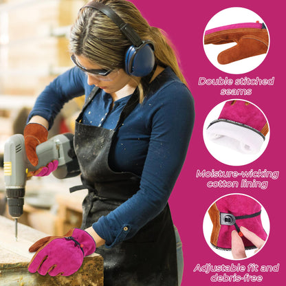 HANDLANDY Leather Work Gloves for Men and Women, Utility Tough Cowhide Glove for Gardening, Wood Cutting, Welding, Construction, Chainsaw, Truck Driving, Yard Working etc. - Camel Pink, Small
