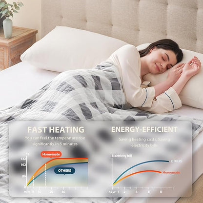 Homemate Electric Blanket Heated King Size - 100“x90“ Ultra Soft Cozy Flannel Heating Blanket with 10 Fast Heat Levels 8 Hours Auto Off Over-Heated Protection ETL Certification Keep Warm in Home