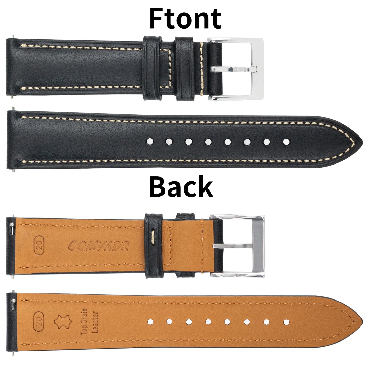 Gomvadr Vintage Genuine Top Grain Leather Watch Strap Quick Release, 18/19/20/21/22/24mm, Silver/Black Buckle, Universal Fit Unisex for Daily Wear (Black with Silver Buckle, 20mm)