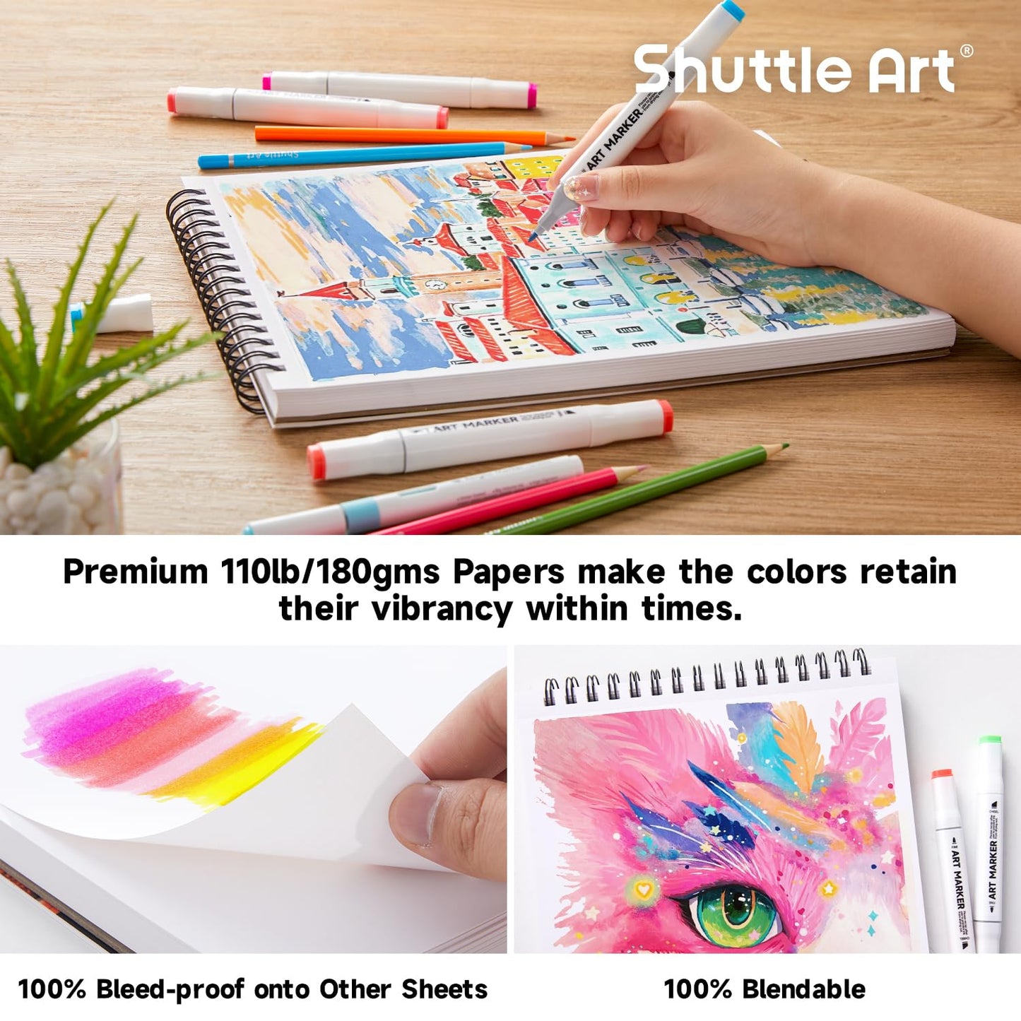 Shuttle Art Marker Pad, 12”x9” Portable Sketchbook, 70 Sheets Marker Drawing Paper, 110LB/180GSM Smooth Surface Bleedproof Art Paper, Spiral-Bound, Great for Artists to Draw, Paint & Sketch