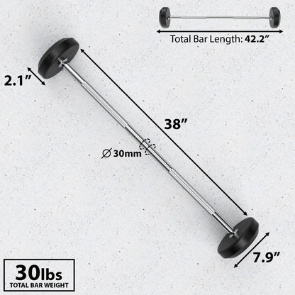 Synergee Fixed 30LB Barbell - Pre Weighted Straight Steel Bar with Rubber Weights - Fixed Weight