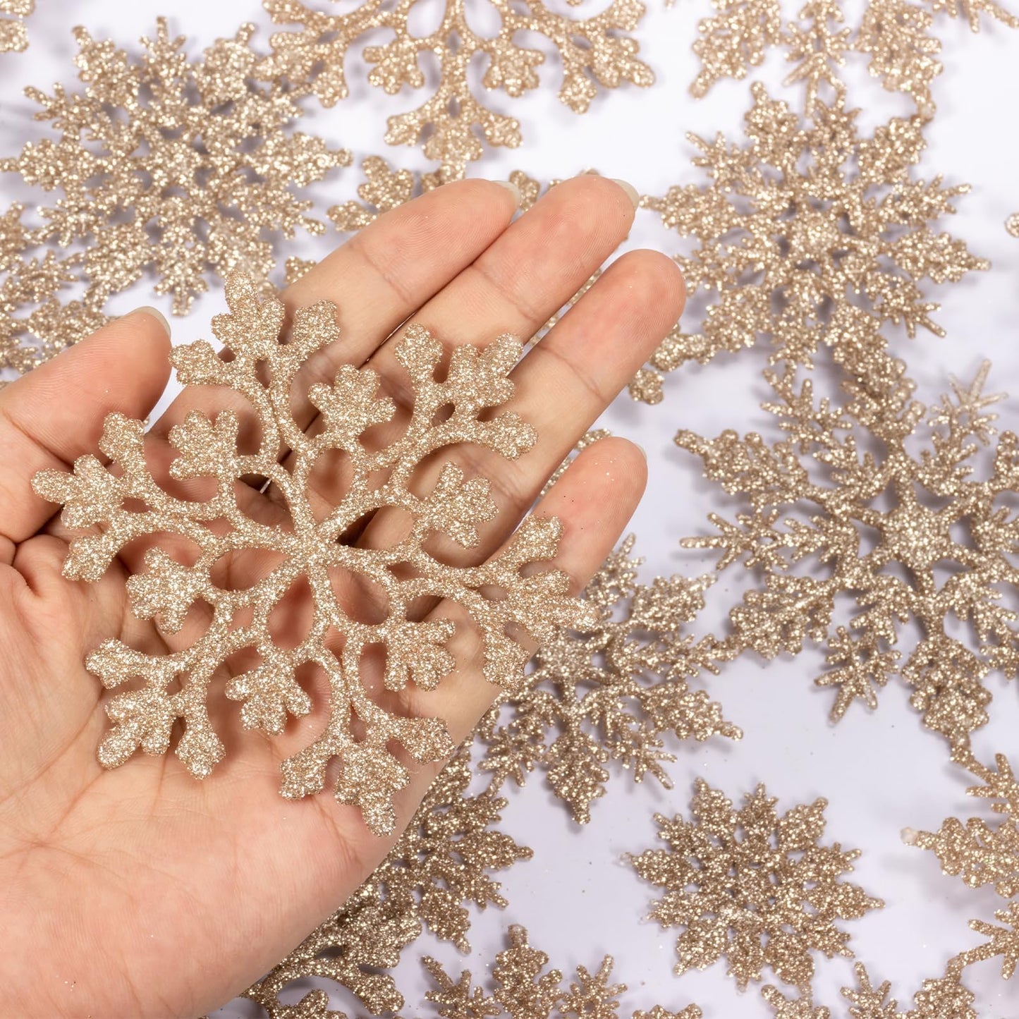 36 Pack Champagne Snowflake Ornaments Plastic Glitter Snow Flakes Ornaments for Winter Christmas Tree Decorations Size Varies Craft Snowflakes