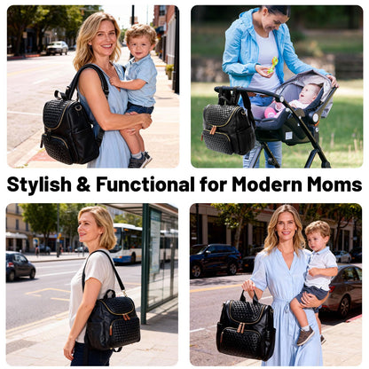 Minsong Diaper Bag Backpack, Small Diaper Backpack for Mom with Changing Station, Stylish Vegan Leather Travel Diaper Nappy Bags (Black)