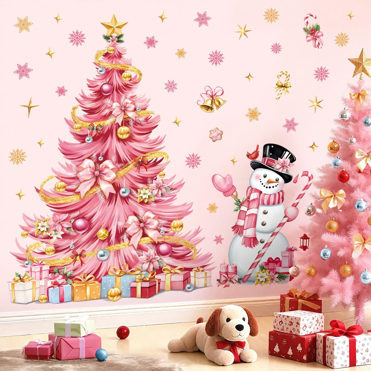 decalmile Large Pink Christmas Tree Window Wall Decals Xmas Tree Wall Stickers Pink Snowflakes Snowman Window Clings Christmas Party Door Home Wall Decorations