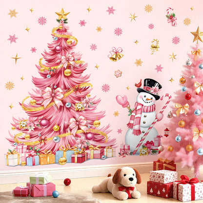 decalmile Large Pink Christmas Tree Window Wall Decals Xmas Tree Wall Stickers Pink Snowflakes Snowman Window Clings Christmas Party Door Home Wall Decorations