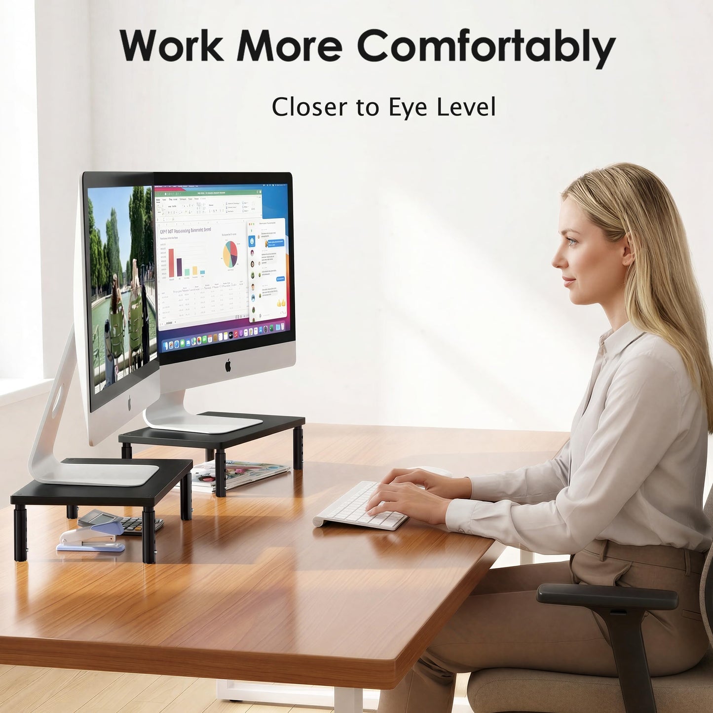 OPNICE Desk Organizers and Accessories, Adjustable Computer Monitor Stand Riser, Laptop Stand for Desk, Office Desk Accessories & Workspace Organizers for Home Office, Black Wood