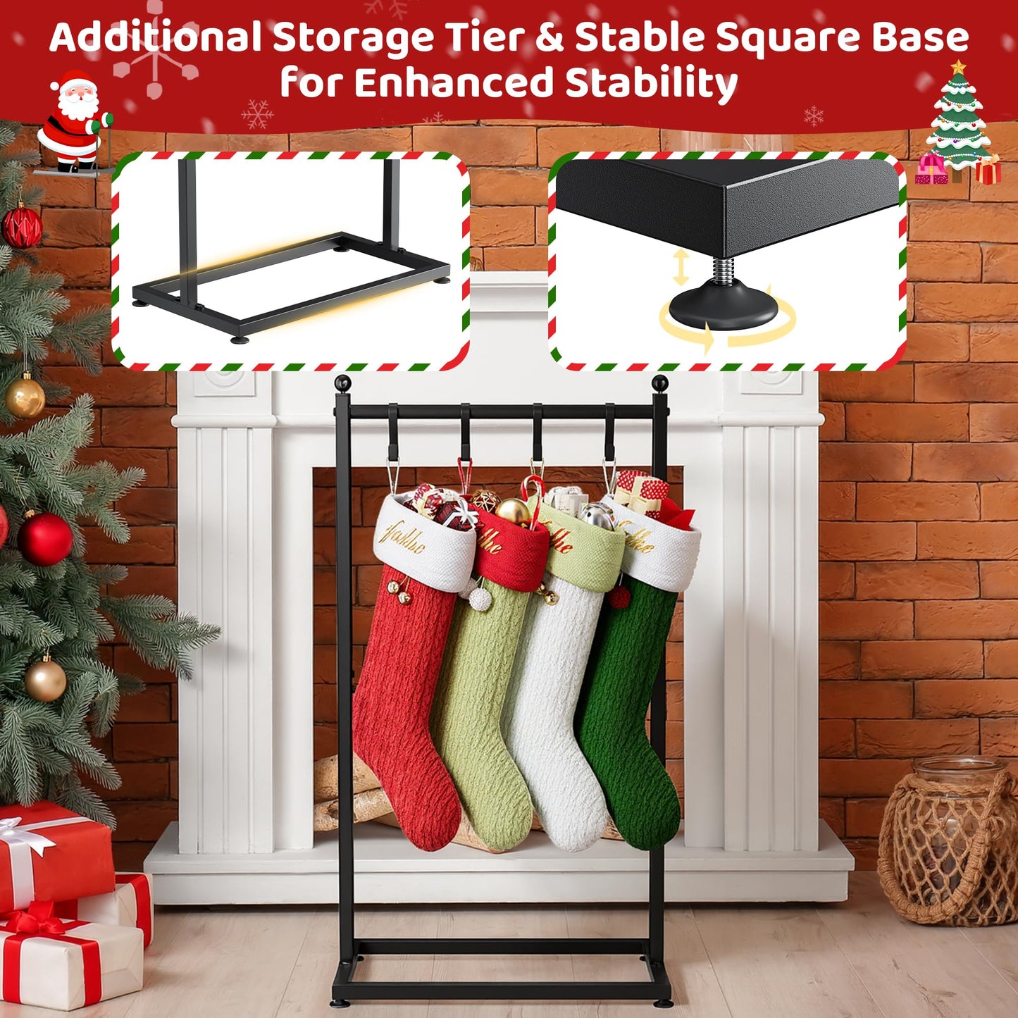 VERSASKY Christmas Stocking Holder Stand for Floor, Free Standing Stocking Rack with 4 Removable Hooks, Heavy Duty Metal Frame, 40 lbs Capacity, Adjustable Feet for Stable Display, Black