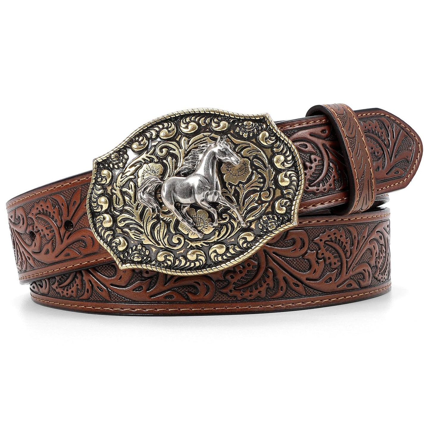 SANSTHS Cowboy Belts for Men Women Western Buckle Belt Cowboy Cowgirl Embossed Leather Belt for Jeans Belt
