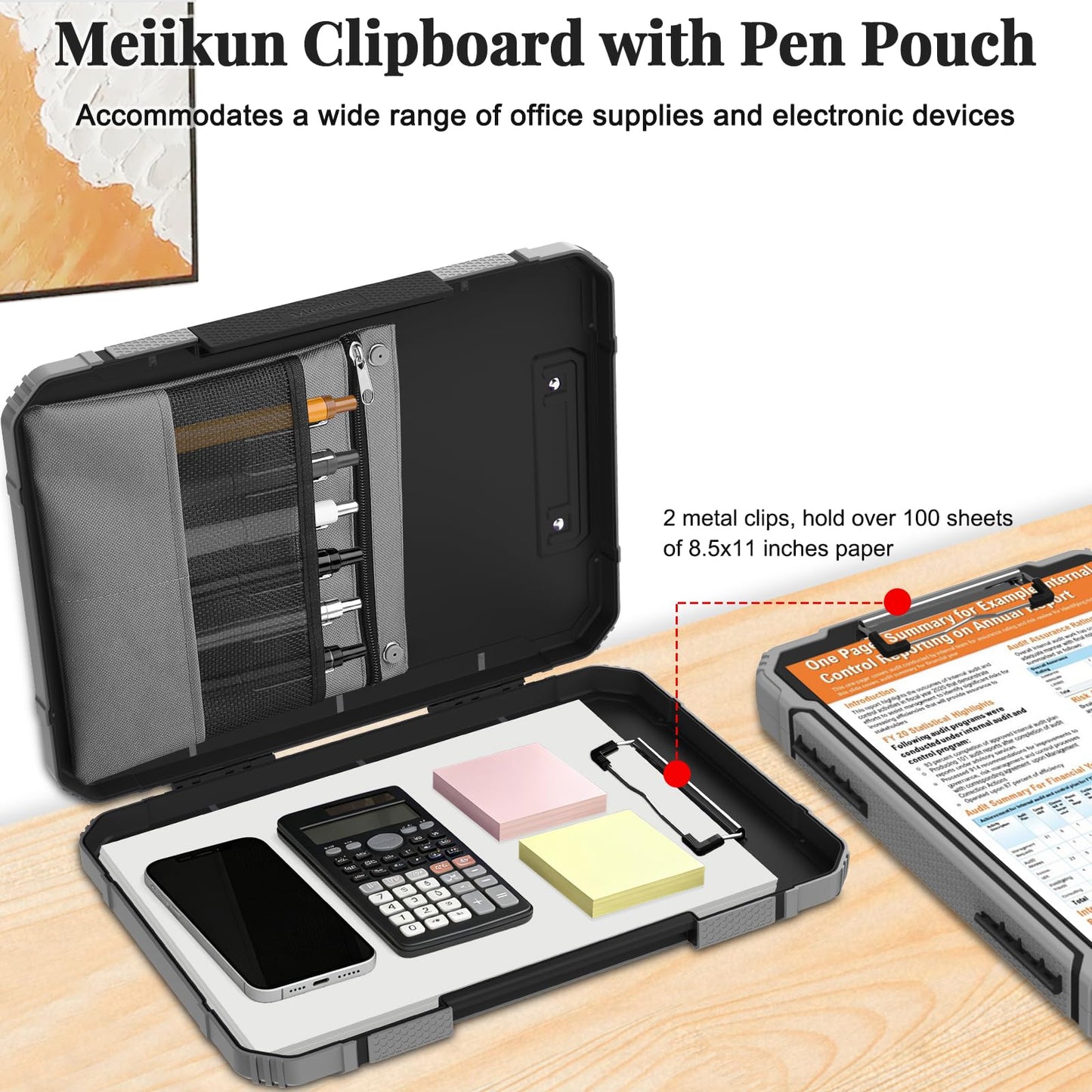 Meiikun Clipboard with Storage, Rugged Shockproof Protective, Internal Pen Pouch & Metal Clip, Heavy Duty Plastic Clip Boards 8.5x11, High Capacity Contractor Folder for School Office (Black)