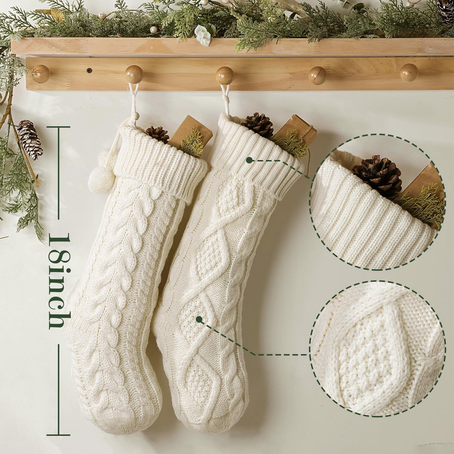 Christmas Stockings: 6 Pack 18 Inch Cream White Cable Knit Personalized Christmas Stockings, Rustic Hanging Xmas Stockings Farmhouse Boho Beige Knitted Stockings Decorations for Family Holiday Decor