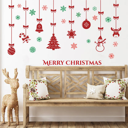 Merry Christmas Wall Decals for Bedroom-Hanging Xmas Tree Snowflake Wall Stickers for Living Room Window Door Decor-Removable Art Mural for Kids Baby Gift Nursery Decor Supplies (Red)