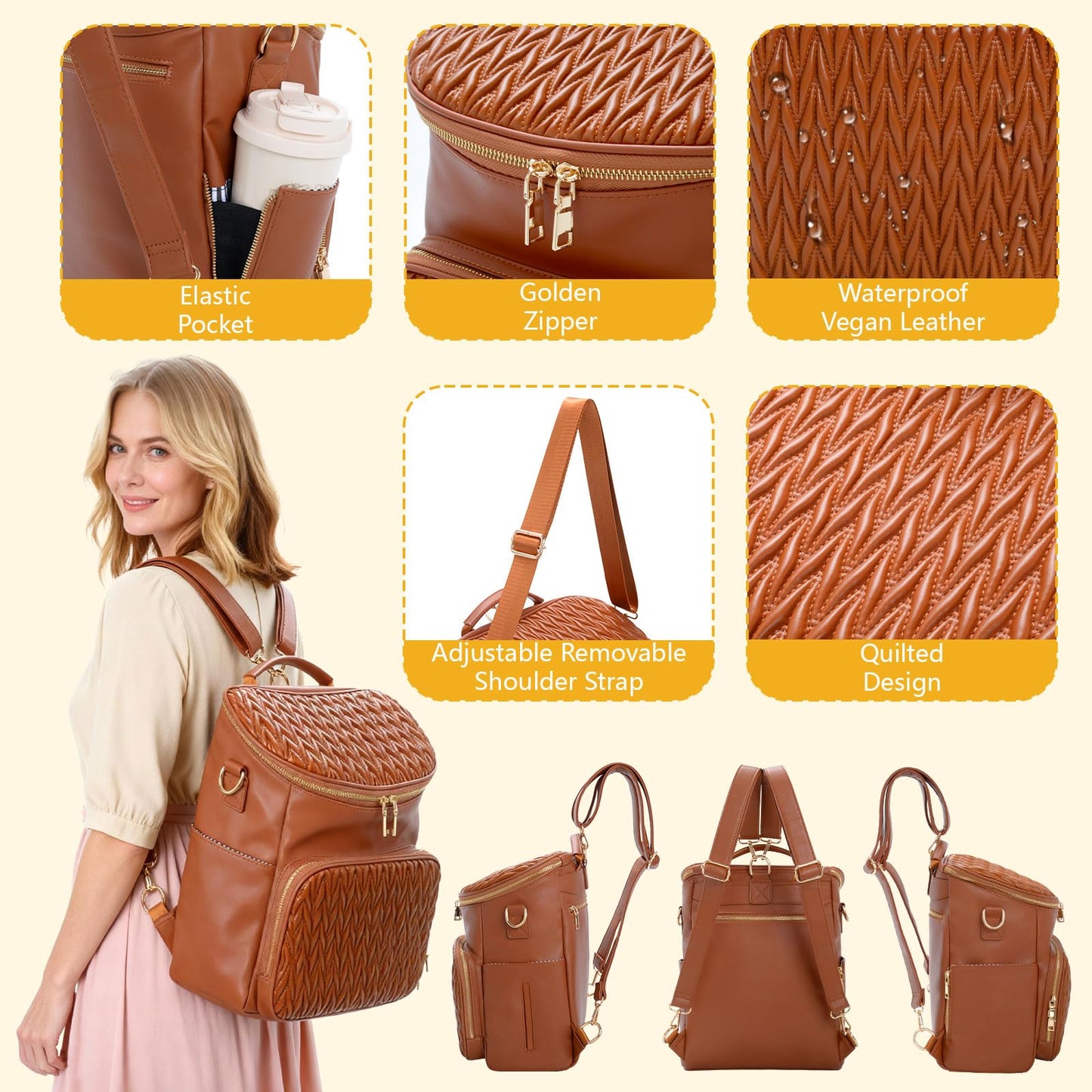 Minsong Diaper Bag Backpack, Fashion Leather Mommy Backpacks, Travel Baby Diaper Bags with in Bag Organizer and Changing Pad (Brown-stripes)