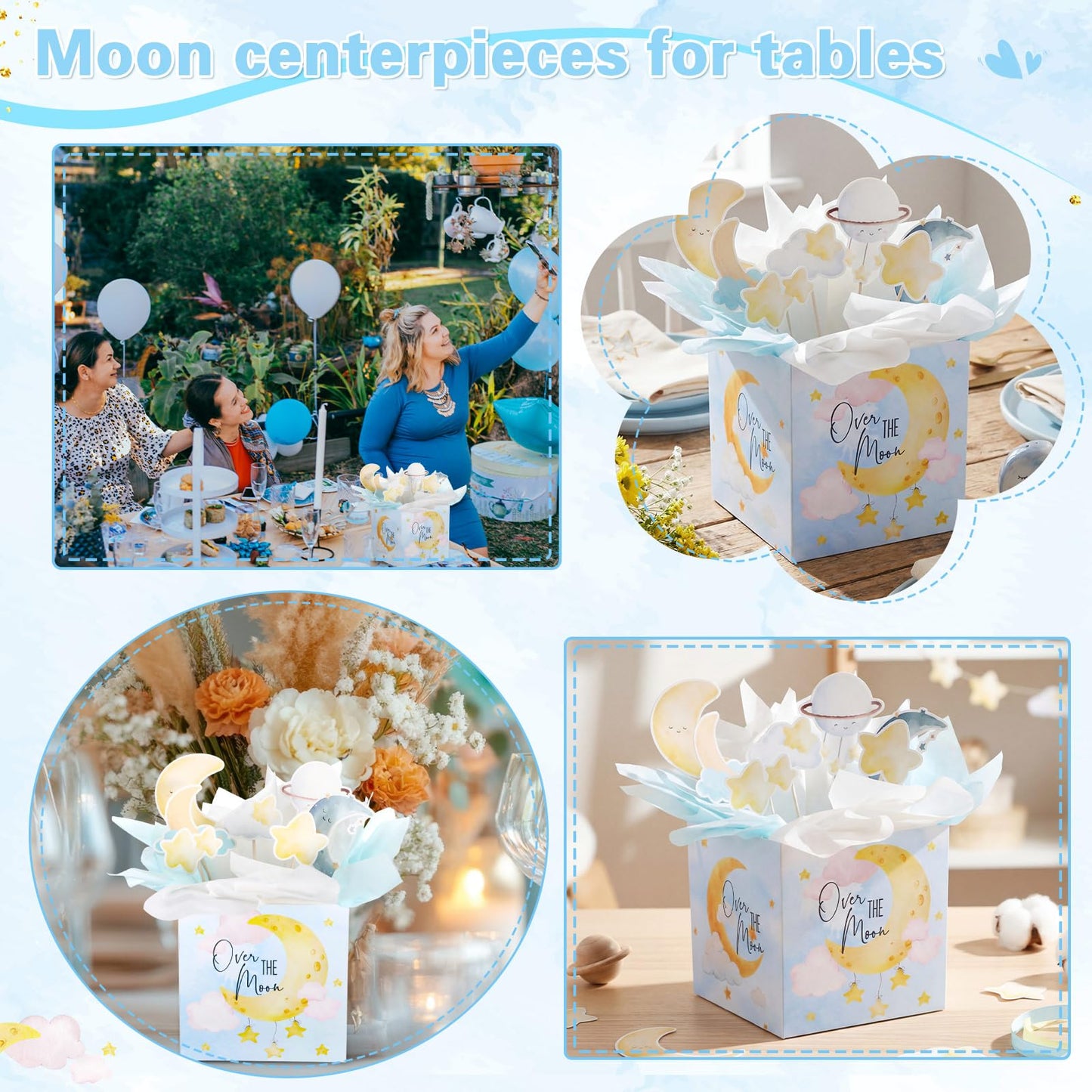 Spiareal 9 Set Moon Themed Party Decorations Moon Themed Table Centerpieces with Boxes Star Cloud Cutouts Toppers Wooden Sticks and Tissue Paper Baby Shower Gender Reveal Party Table Decor