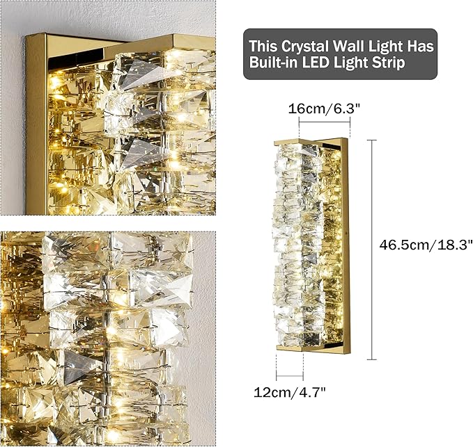 LED Crystal Wall Sconce Gold Mid Century Modern Wall Sconce Lighting 3000-4000K Color Temperature Adjustable LED Wall Light Glass Wall Mount Light Fixture for Bedroom Living Room Bathroom Room Hallway