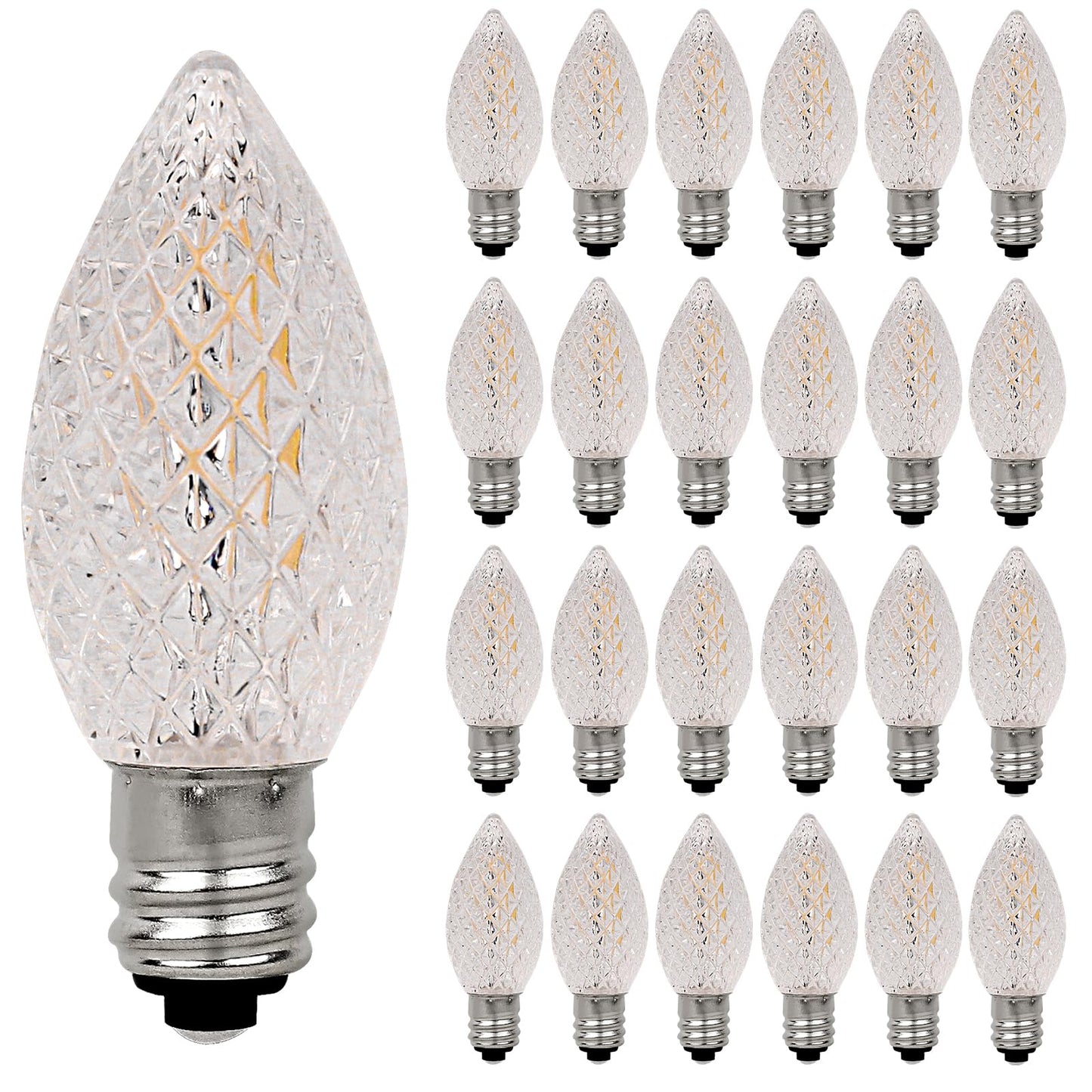 25 Pack C7 Clear LED Light Bulbs, E12 Candelabra Base Christmas Replacement Bulbs, 0.6W Shatterproof Warm White Bulbs for Outdoor Christmas String Lights, Window Candles, Chandelier, Night Light Decor