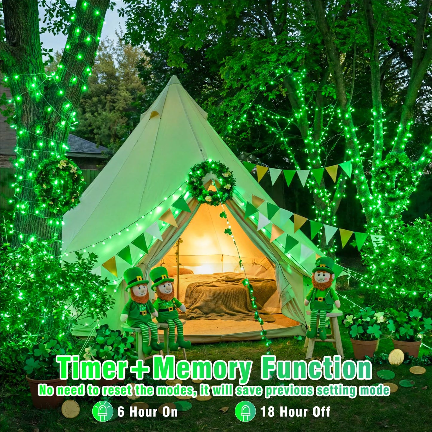 Vivideal 300 LED String Lights Indoor, 99ft Green St Patricks Day Lights for Bedroom Clear Wire 8 Modes, Waterproof Plug in Christmas Light with Timer Memory for Room Tree Party Decorations