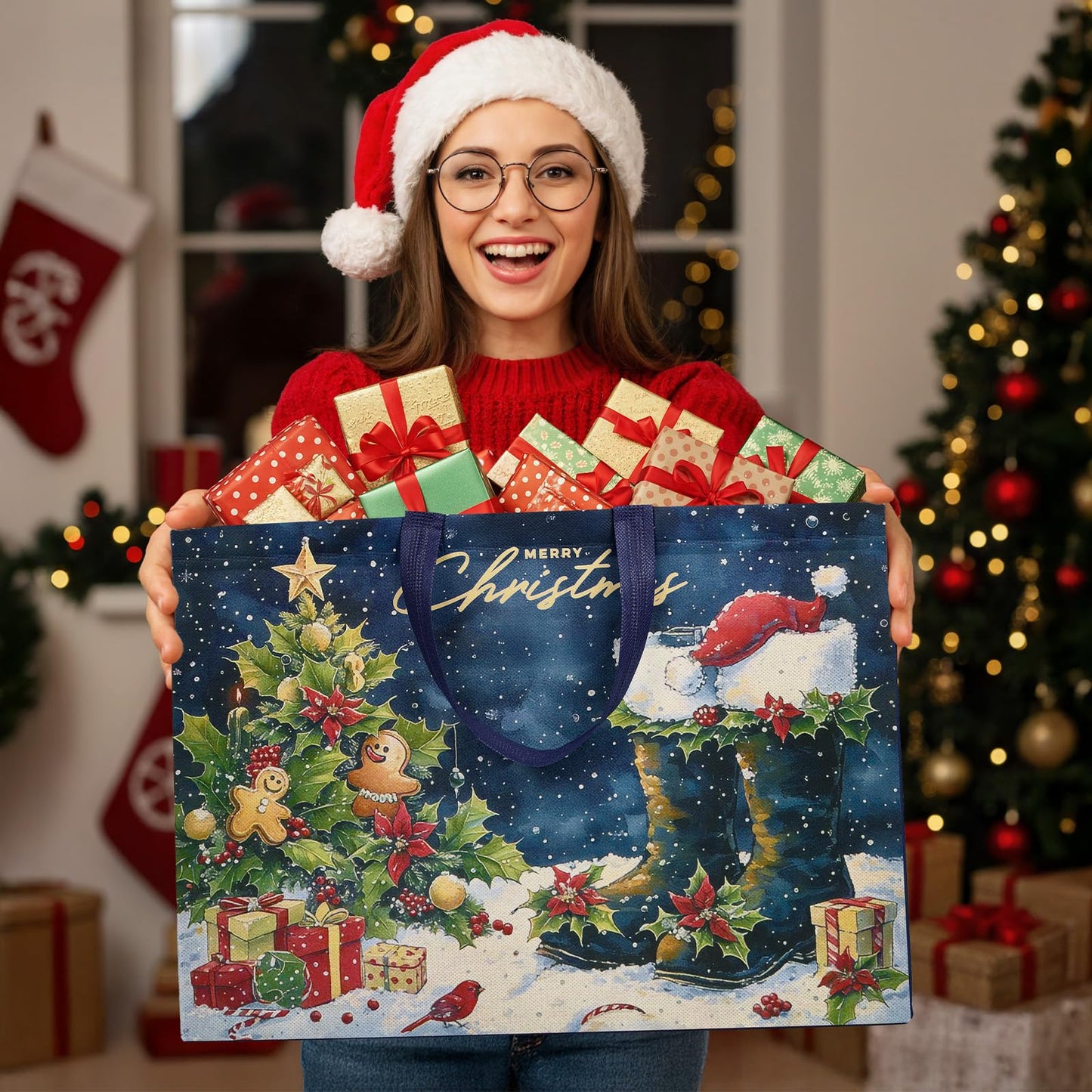 YANGTE 12 Pack Extra Large Christmas Gift Bags with Handles, Reusable Non-Woven Christmas Bags for Presents Wrapping Holiday Xmas Party Favors Supplies(16.7" x 12.6" x 6.7")