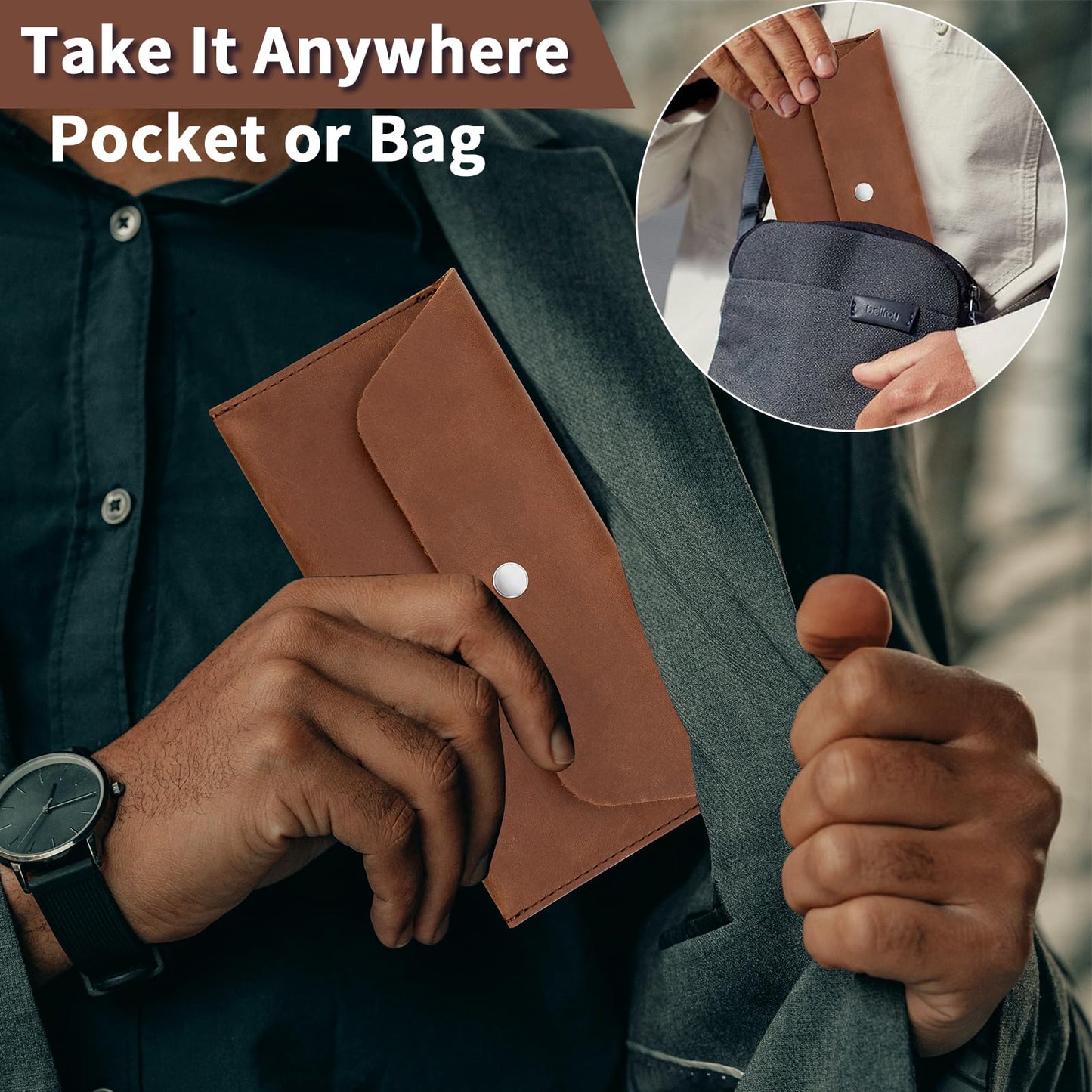 LAMCLTH Cash Envelope Wallet for Men, Genuine Leather Budget Envelope Wallet, Reusable Money Cash Organizer Pouch, Retro Clutch Wallet for Budgeting