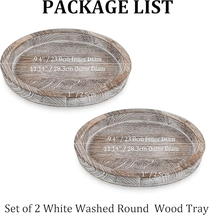 Hanobe Rustic Wooden Serving Tray Set of 2 Round Wood Butler Decorative Tray Whitewash Centerpiece Candle Holder Trays Farmhouse Ottoman Tray for Decor Kitchen Counter Home Decor for Coffee Table