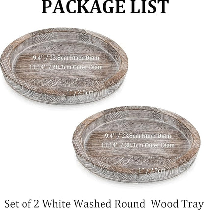 Hanobe Rustic Wooden Serving Tray Set of 2 Round Wood Butler Decorative Tray Whitewash Centerpiece Candle Holder Trays Farmhouse Ottoman Tray for Decor Kitchen Counter Home Decor for Coffee Table