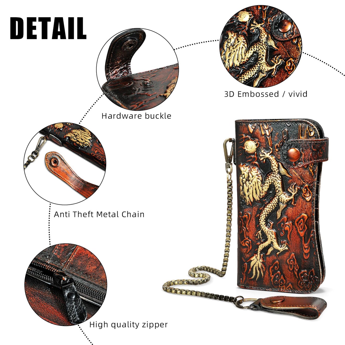 Handadsume Genuine Crazy Horse Leather Travel Gift Coin Pocket Card Case Long Organizer Chain Rfid Wallet Purse With Snap For Men Male 1088 (1088 Orange)