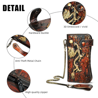 Handadsume Genuine Crazy Horse Leather Travel Gift Coin Pocket Card Case Long Organizer Chain Rfid Wallet Purse With Snap For Men Male 1088 (1088 Orange)