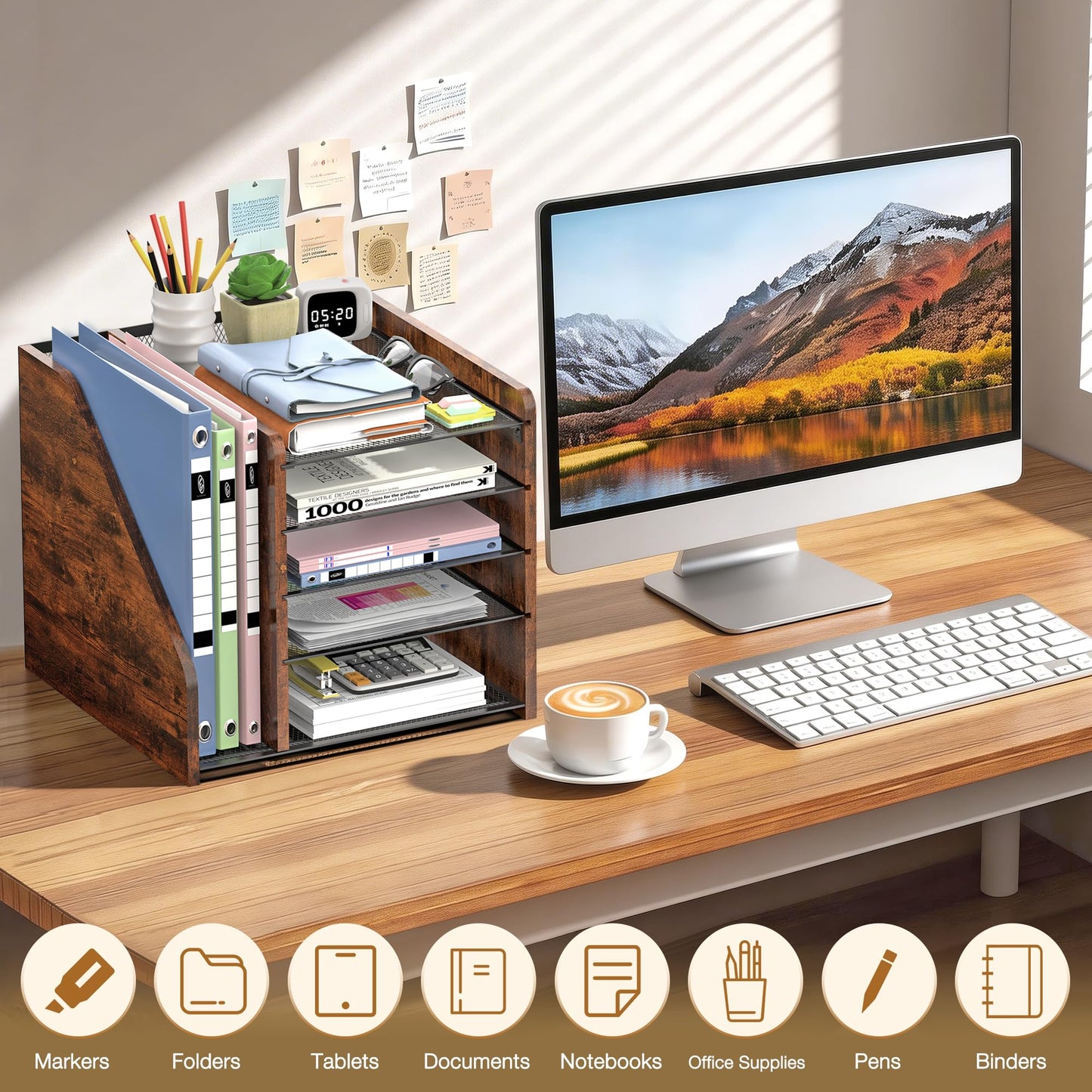 Desktop Storage with File Rack, 5-Layer Paper Letter Tray Storage, mesh Desktop Storage, and Storage Device with Office Supplies and Magazine Rack-Wood Grain
