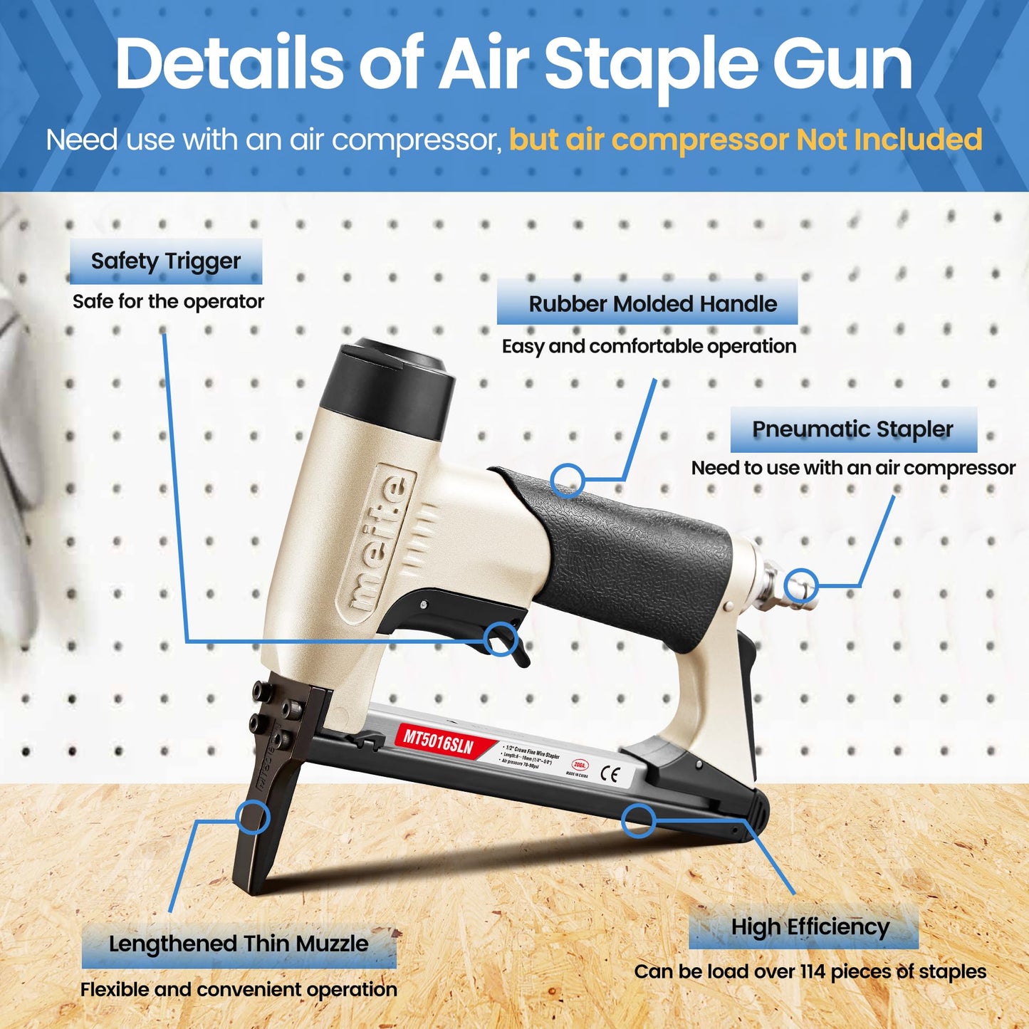 meite Upholstery Staple Gun with Extended Nose &Safety Trigger for 20 Gauge 1/2-Inch Crown Staples, Heavy-Duty Pneumatic Stapler for Woodworking and Decoration DIY Projects (Model MT5016SLN)