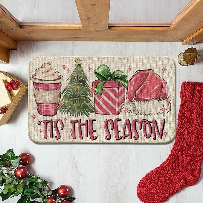 Christmas Hat Front Door Mat Indoor Outdoor Entrance 17x29, Tis The Season Xmas Winter Washable Non-Slip Rubber Pink Doormat Inside Outside Entrance, Welcome Floor Mat for Home Holiday Decor AH31
