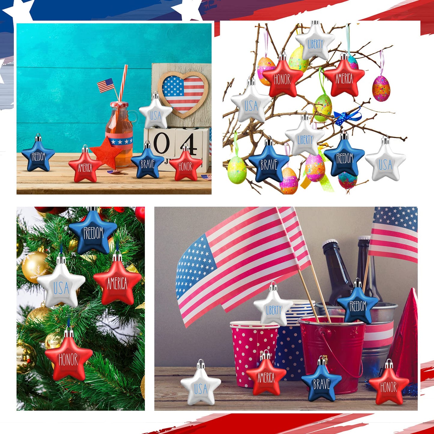Honoson 48 Pcs 4th of July Hanging Ornaments Patriotic Star Tree Decorations Star Memorial Day Hanging Ornament Red Blue White 250th Anniversary Mini Decorations for Tree (Red,Navy Blue,Silver)