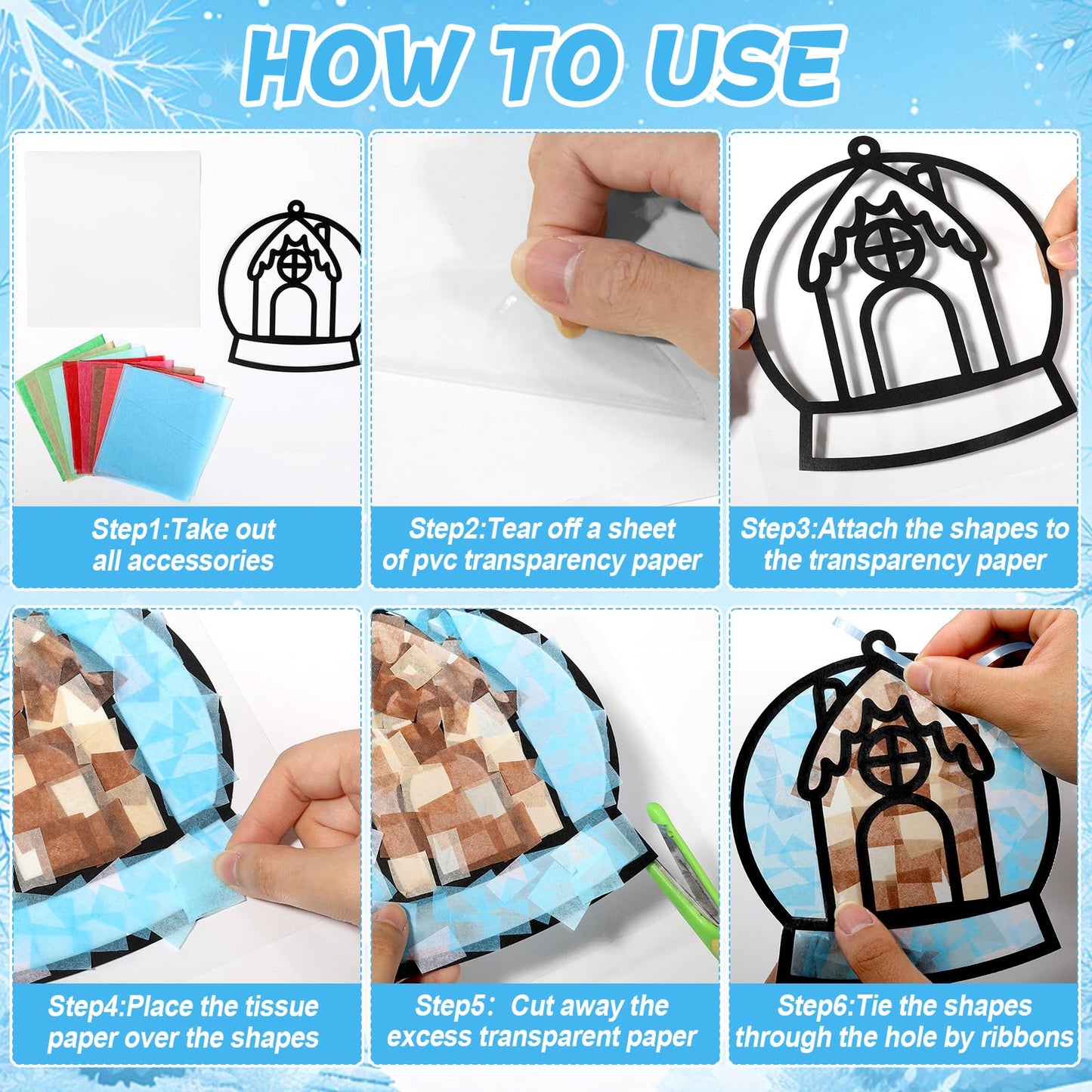 Qyeahkj 36 Set Winter Christmas Suncatchers Craft Kit for DIY Santa Snowman Reindeer Globe Tissue Paper Craft Kit Hanging Decor for Xmas Home Activity Art Project Birthday Party Favor Gift