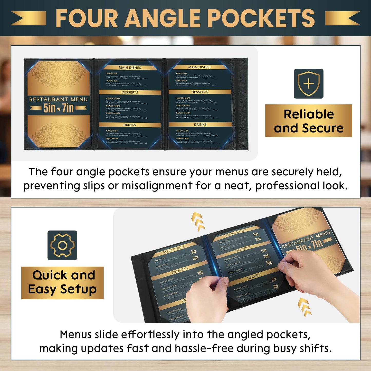 AMGSH 20 Pack 5" × 7" Table Tent Menu Covers, Leatherette PU Leather 3-Side Triangle Picture Frames with Angled Corners, Triangle Menu Holders for Restaurant Coffee Cafe Bar Drink Dessert