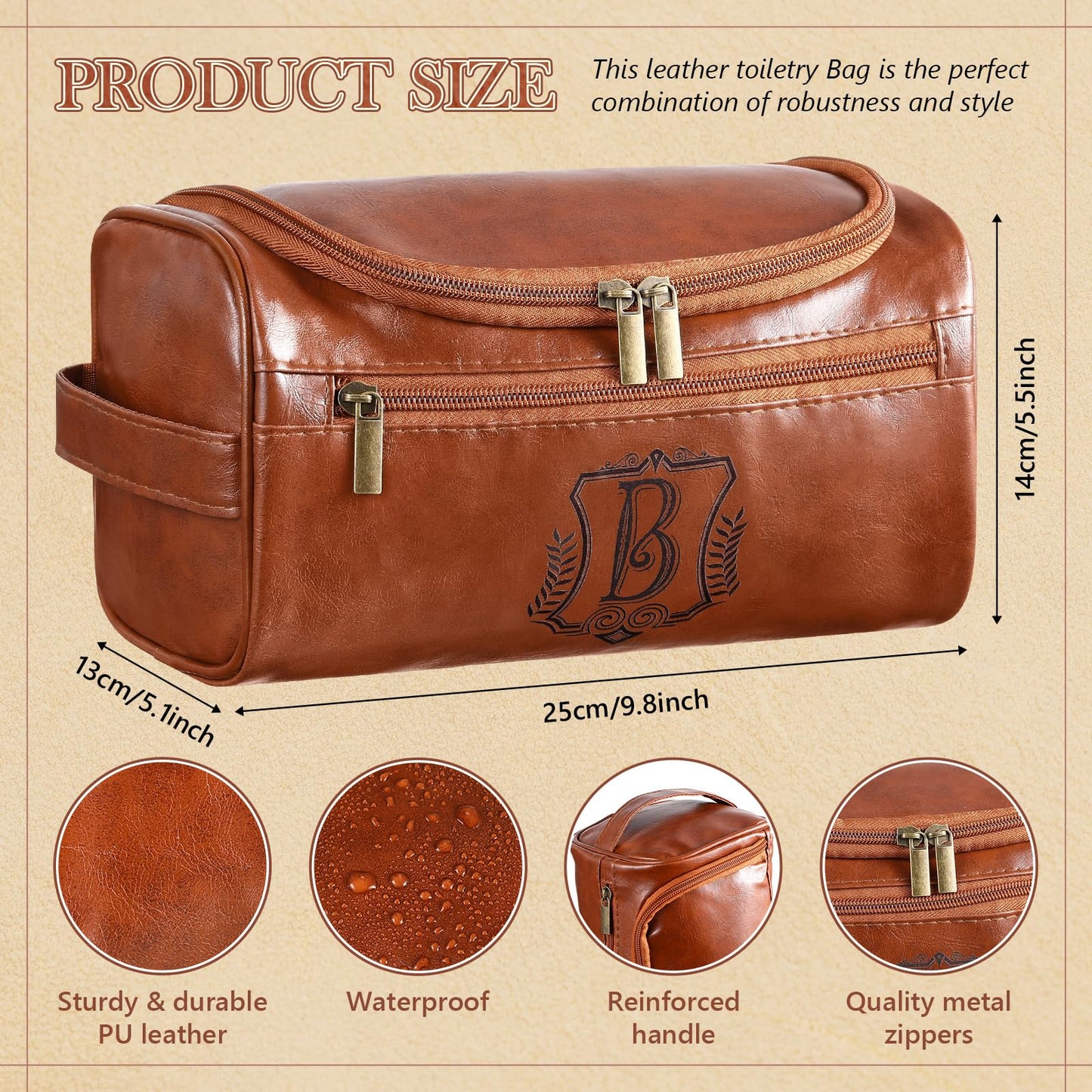 Sadnyy Father's Day Personalized Leather Toiletry Bag for Men Initial Travel Bag with Hook Monogrammed Toiletry Pouch Leather Travel Bathroom Kit with Side Handle for Anniversary Birthday Gifts(B)
