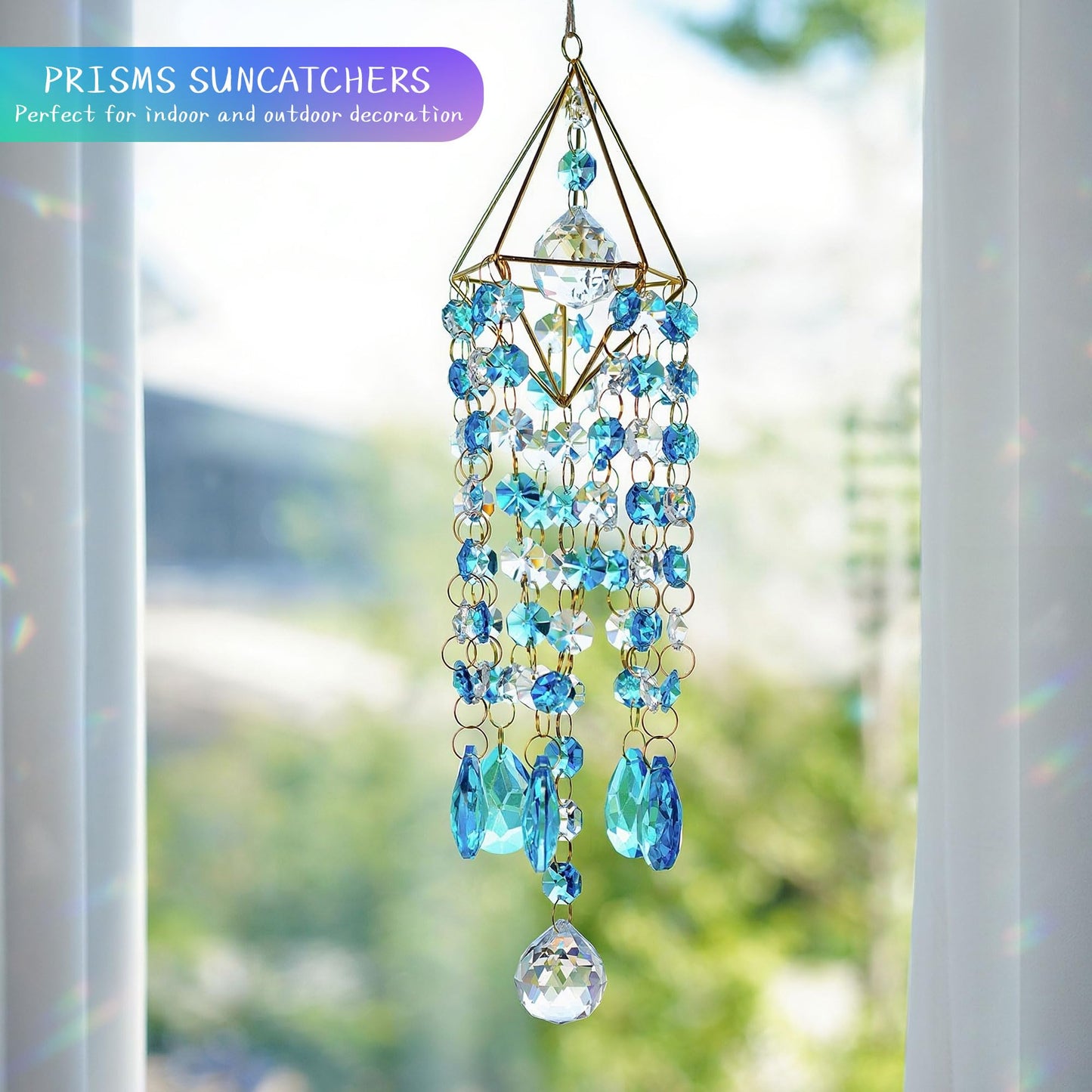 HDCRYSTALGIFTS 21.5'' Crystal Suncatchers, Handmade Blue Suncatcher for Window Hanging Crystal Wind Chimes Gold-Plated Sun Catcher with Crystals Indoor Outdoor Decoration Rainbow Maker